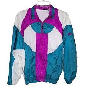 Retro Nike Track Windbreaker White/Purple/Green Vintage Blk/Wht Tag Size Med 90s